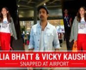 Alia Bhatt was spotted at the airport heading to London. She was dressed in a white tee with red cargo pants and a nude brown jacket. She completed her look with an orange purse. While walking to the airport entrance, a fan questioned her about the fake wedding rumors about her and beau Ranbir Kapoor&#39;s marriage to which she laughed. Vicky Kaushal was spotted at the airport dressed in casuals. He opted for a white shirt, cargo pants and a denim jacket.