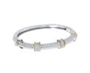 https://www.ross-simons.com/911883.htmlnnThis roped bangle bracelet is given a boost of sparkle that is perfect for everyday wear and elegant evenings. Three diamond stations totaling .11 carats are lined with 14kt yellow gold rope detail. Sculpted in polished sterling silver. Double-latch safety. Push-button clasp, diamond station bangle bracelet.