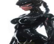 Prompt Midjourney : Dynamic pose Full body profile view stunningly beautiful mecha catwoman cyberpunk in latex, thin narrow face, sharp facial features, narrow chin, defined jaw, extremely narrow jaw, angled jaw, pointed chin, defined cheekbones, high cheekbones, beautiful wide smile, protruding ears, big eyes, large eyes, iridescent blue eyes, lithe thin body, ultrarealistic, highly detailed, 8k, UHD, 64K, sharp focus, high resolution, hyperrealism, photorealistic --ar 1:2 --v 6.0