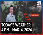 Today&#39;s Weather, 4 P.M. &#124; Mar. 4, 2024&#60;br/&#62;&#60;br/&#62;Video Courtesy of DOST-PAGASA&#60;br/&#62;&#60;br/&#62;Subscribe to The Manila Times Channel - https://tmt.ph/YTSubscribe &#60;br/&#62;&#60;br/&#62;Visit our website at https://www.manilatimes.net &#60;br/&#62;&#60;br/&#62;Follow us: &#60;br/&#62;Facebook - https://tmt.ph/facebook &#60;br/&#62;Instagram - https://tmt.ph/instagram &#60;br/&#62;Twitter - https://tmt.ph/twitter &#60;br/&#62;DailyMotion - https://tmt.ph/dailymotion &#60;br/&#62;&#60;br/&#62;Subscribe to our Digital Edition - https://tmt.ph/digital &#60;br/&#62;&#60;br/&#62;Check out our Podcasts: &#60;br/&#62;Spotify - https://tmt.ph/spotify &#60;br/&#62;Apple Podcasts - https://tmt.ph/applepodcasts &#60;br/&#62;Amazon Music - https://tmt.ph/amazonmusic &#60;br/&#62;Deezer: https://tmt.ph/deezer &#60;br/&#62;Tune In: https://tmt.ph/tunein&#60;br/&#62;&#60;br/&#62;#themanilatimes&#60;br/&#62;#WeatherUpdateToday &#60;br/&#62;#WeatherForecast