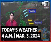 Today&#39;s Weather, 4 A.M. &#124; Mar. 3, 2024&#60;br/&#62;&#60;br/&#62;Video Courtesy of DOST-PAGASA&#60;br/&#62;&#60;br/&#62;Subscribe to The Manila Times Channel - https://tmt.ph/YTSubscribe &#60;br/&#62;&#60;br/&#62;Visit our website at https://www.manilatimes.net &#60;br/&#62;&#60;br/&#62;Follow us: &#60;br/&#62;Facebook - https://tmt.ph/facebook &#60;br/&#62;Instagram - https://tmt.ph/instagram &#60;br/&#62;Twitter - https://tmt.ph/twitter &#60;br/&#62;DailyMotion - https://tmt.ph/dailymotion &#60;br/&#62;&#60;br/&#62;Subscribe to our Digital Edition - https://tmt.ph/digital &#60;br/&#62;&#60;br/&#62;Check out our Podcasts: &#60;br/&#62;Spotify - https://tmt.ph/spotify &#60;br/&#62;Apple Podcasts - https://tmt.ph/applepodcasts &#60;br/&#62;Amazon Music - https://tmt.ph/amazonmusic &#60;br/&#62;Deezer: https://tmt.ph/deezer &#60;br/&#62;Stitcher: https://tmt.ph/stitcher&#60;br/&#62;Tune In: https://tmt.ph/tunein&#60;br/&#62;&#60;br/&#62;#TheManilaTimes&#60;br/&#62;#WeatherUpdateToday &#60;br/&#62;#WeatherForecast