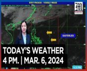 Today&#39;s Weather, 4 P.M. &#124; Mar. 6, 2024&#60;br/&#62;&#60;br/&#62;Video Courtesy of DOST-PAGASA&#60;br/&#62;&#60;br/&#62;Subscribe to The Manila Times Channel - https://tmt.ph/YTSubscribe &#60;br/&#62;&#60;br/&#62;Visit our website at https://www.manilatimes.net &#60;br/&#62;&#60;br/&#62;Follow us: &#60;br/&#62;Facebook - https://tmt.ph/facebook &#60;br/&#62;Instagram - https://tmt.ph/instagram &#60;br/&#62;Twitter - https://tmt.ph/twitter &#60;br/&#62;DailyMotion - https://tmt.ph/dailymotion &#60;br/&#62;&#60;br/&#62;Subscribe to our Digital Edition - https://tmt.ph/digital &#60;br/&#62;&#60;br/&#62;Check out our Podcasts: &#60;br/&#62;Spotify - https://tmt.ph/spotify &#60;br/&#62;Apple Podcasts - https://tmt.ph/applepodcasts &#60;br/&#62;Amazon Music - https://tmt.ph/amazonmusic &#60;br/&#62;Deezer: https://tmt.ph/deezer &#60;br/&#62;Tune In: https://tmt.ph/tunein&#60;br/&#62;&#60;br/&#62;#themanilatimes&#60;br/&#62;#WeatherUpdateToday &#60;br/&#62;#WeatherForecast