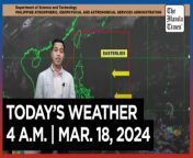 Today&#39;s Weather, 4 A.M. &#124; Mar. 18, 2024&#60;br/&#62;&#60;br/&#62;Video Courtesy of DOST-PAGASA&#60;br/&#62;&#60;br/&#62;Subscribe to The Manila Times Channel - https://tmt.ph/YTSubscribe &#60;br/&#62;&#60;br/&#62;Visit our website at https://www.manilatimes.net &#60;br/&#62;&#60;br/&#62;Follow us: &#60;br/&#62;Facebook - https://tmt.ph/facebook &#60;br/&#62;Instagram - https://tmt.ph/instagram &#60;br/&#62;Twitter - https://tmt.ph/twitter &#60;br/&#62;DailyMotion - https://tmt.ph/dailymotion &#60;br/&#62;&#60;br/&#62;Subscribe to our Digital Edition - https://tmt.ph/digital &#60;br/&#62;&#60;br/&#62;Check out our Podcasts: &#60;br/&#62;Spotify - https://tmt.ph/spotify &#60;br/&#62;Apple Podcasts - https://tmt.ph/applepodcasts &#60;br/&#62;Amazon Music - https://tmt.ph/amazonmusic &#60;br/&#62;Deezer: https://tmt.ph/deezer &#60;br/&#62;Tune In: https://tmt.ph/tunein&#60;br/&#62;&#60;br/&#62;#TheManilaTimes&#60;br/&#62;#WeatherUpdateToday &#60;br/&#62;#WeatherForecast