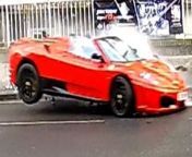 CCTV footage has captured the moment a Dragons&#39; Den winner crashed his £100k red Ferrari on a city centre street after allegedly losing control of the super-car.&#60;br/&#62;&#60;br/&#62;The video shows the red Ferrari F430 as it veered across the road, narrowly missing three people walking along the street, including a jogger.&#60;br/&#62;&#60;br/&#62;The car, worth over £100k, then smashed into four bike racks, bending them out of shape before coming to halt as it billowed smoke.&#60;br/&#62;&#60;br/&#62;Ross Mendham, 40, escaped unharmed from his high-power sportscar just before 5pm Sunday afternoon (March 17).