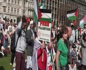 Tens of thousands of pro-Palestinian protesters attend a rally in Parliament Square calling for a ceasefire and urging the government to stop all arms sales to Israel. Report by Blairm. Like us on Facebook at http://www.facebook.com/itn and follow us on Twitter at http://twitter.com/itn