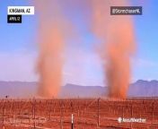 Two dust devils were seen rolling down Route 66 in Kingman, Arizona. Warm and breezy conditions on April 12, along with asphalt and dirt, helped the dust devils to form.