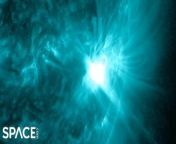 Sunspot AR3615 erupted with an X1-class solar flare recently. NASA&#39;s Solar Dynamics Observatory captured the blast in multiple wavelengths. &#60;br/&#62;&#60;br/&#62;Credit: Credit: Space.com &#124; footage courtesy: NASA / SDO and the AIA, EVE, and HMI science teams / Helio Viewer&#124; edited by Steve Spaleta