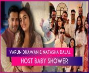 Varun Dhawan and his wife Natasha Dalal are expecting their first child. The couple hosted a baby shower on April 21, which was attended by their friends and family. Several inside pictures from the baby shower have emerged online. Shahid Kapoor’s wife, Mira Rajput, Arjun Kapoor, Janhvi Kapoor, among others, attended the celebrations. The mom-to-be, Natasha, looked lovely in a white floral off-shoulder attire, and needless to say, the pregnancy glow on her face is unmissable.&#60;br/&#62;