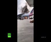 An American Airlines flight from Hong Kong to Los Angeles was cancelled on Monday after a piece of loading equipment caught fire while it was preparing to put cargo in the hold of the plane, the airline said.