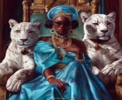 Prompt Midjourney : Craft a high-definition, ultra-realistic portrait capturing a young darkskin woman around 40, exuding nobility, seated on a regal throne. shes dressed in a luxurious silk glorious modern gown thats Carolina blue and turquoise, with a perfectly matched hat Beside her, are white panthers with golden bright distinctive glowing eyes with pupils like a dragon symbolize his commanding presence, mirroring her own panther-like aura. Despite the Ray-Ban glasses, her penetrating gaze through a 35mm lens camera is unmissable, demanding attention. Every facial detail is meticulously rendered, from the subtle expressions to the texture of her skin, under a luminous yet soft light that enhances the rich fabric of her gown and the majestic poise of the white panthers&#92;