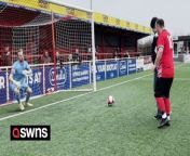 This is the heartwarming moment a severely disabled teenager fulfils his dream of scoring a goal for his beloved football team.&#60;br/&#62;&#60;br/&#62;Brandon Cooper, 17, bravely stepped up in the last minute to take a penalty for non-league Ilkeston Town FC.&#60;br/&#62;&#60;br/&#62;The teenager is one of only 150 people worldwide to suffer from hydroxyglutaric aciduria, a condition that causes progressive brain damage.&#60;br/&#62;&#60;br/&#62;Despite his disability, Brandon has been a lifetime supporter of Ilkeston Town FC, who are currently 15th in the Non League Premier League.&#60;br/&#62;&#60;br/&#62;Last Sunday (10/3) Brandon was guest of honour for the annual Fans v Legends match at the club&#39;s New Manor Ground in the Derbyshire town.&#60;br/&#62;&#60;br/&#62;In the final minute of the game, Ilkeston won a penalty and Brandon was called onto the pitch to take it with the help of a teammate.&#60;br/&#62;&#60;br/&#62;Video shows Brandon slot the ball into the bottom right hand corner after the goalkeeper dived the wrong way.&#60;br/&#62;&#60;br/&#62;The inspiring teenager was then mobbed by his teammates at the final whistle of the game which Brandon&#39;s team won 13-3.&#60;br/&#62;&#60;br/&#62;His foster mum Maggie White, 68, said: “Brandon absolutely loves Ilkeston Town and rarely misses a game home or away.&#60;br/&#62;&#60;br/&#62;&#92;