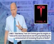 CNBC’s “Mad Money” host Jim Cramer gave his insights on Tesla as the stock observed an over 6% jump following the announcement of increasing the price of Model Y.&#60;br/&#62;&#60;br/&#62;What Happened: Tesla’s stock rose following the announcement of a price hike for its Model Y cars, The price increase is expected to come into effect in April.&#60;br/&#62;&#60;br/&#62;Cramer commented on the stock’s performance, stating “The stock is reacting positively. … It&#39;s just been the worst stock in the [S&amp;P 500]. Totally understand. Not a fan of it, but not against it,” reported CNBC on Tuesday.