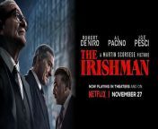 The Irishman (titled onscreen as I Heard You Paint Houses) is a 2019 American epic gangster film directed and produced by Martin Scorsese from a screenplay by Steven Zaillian, based on the 2004 book I Heard You Paint Houses by Charles Brandt.[4] It stars Robert De Niro, Al Pacino, and Joe Pesci, with Ray Romano, Bobby Cannavale, Anna Paquin, Stephen Graham, Stephanie Kurtzuba, Jesse Plemons, and Harvey Keitel in supporting roles. The film follows Frank Sheeran (De Niro), a truck driver who becomes a hitman involved with mobster Russell Bufalino (Pesci) and his crime family before later working for the powerful Teamster Jimmy Hoffa (Pacino). The film marked the ninth collaboration between Scorsese and De Niro, in addition to Scorsese&#39;s fourth collaboration with Joe Pesci; his first with Al Pacino; the fourth collaboration between Pacino and De Niro; and the first collaboration between Pacino and Pesci altogether.