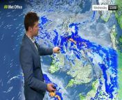 Outbreaks of rain will continue to spread northwards across England and Wales, heavy in places, especially across Northern Ireland. A separate area of rain continues to affect northern and eastern parts of Scotland, with some snow across higher elevations here. Mild under the cloud and rain but cooler across Scotland and Northern Ireland. &#60;br/&#62;&#60;br/&#62;